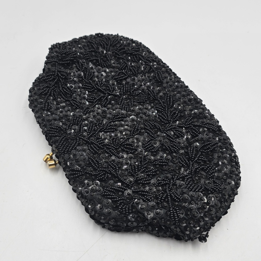 By Simon Ernest Blum Vintage Evening Clutch Purse Black Beaded Sequin Kiss Lock